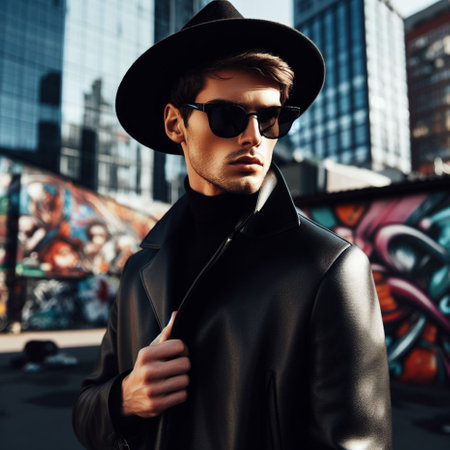 Handsome young man in stylish sunglasses and hat posing in the city. Men's beauty, fashion.の素材