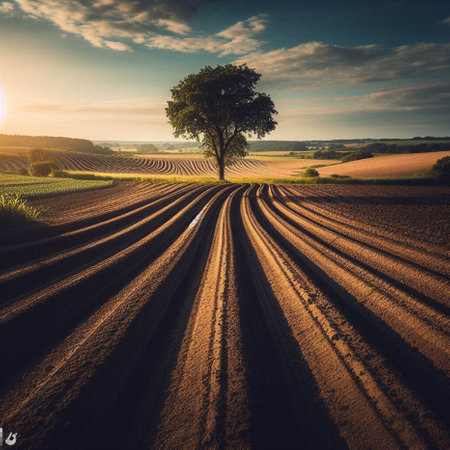 Beautiful rural landscape with single tree in the field at sunset.の素材
