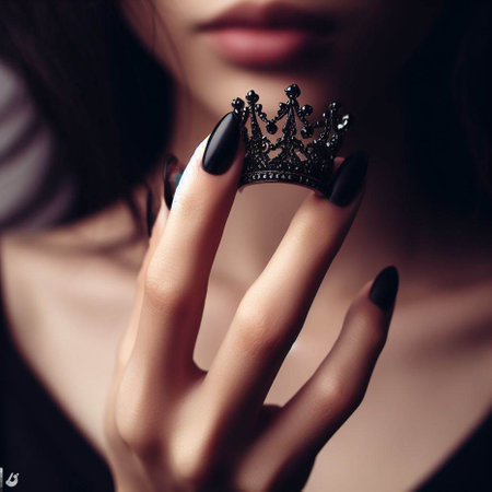 Beautiful woman with black manicure and crown on her hands.の素材