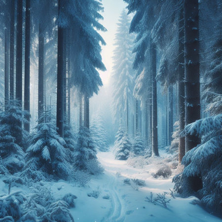 Snowy winter forest with snow covered trees. Beautiful nature landscape.の素材