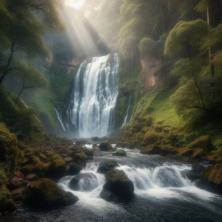 Beautiful waterfall in the forest with sunbeams and lens flareの素材
