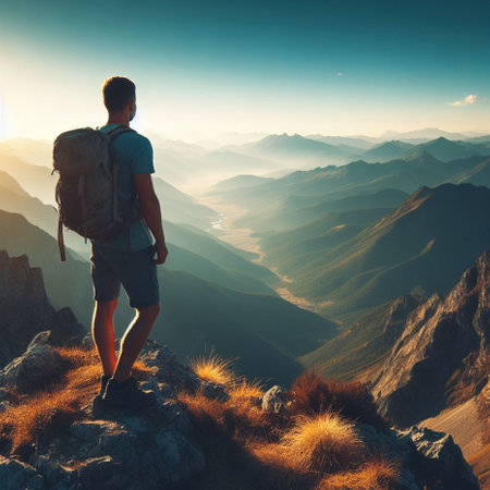 Hiker with backpack standing on top of a mountain and looking at the sunriseの素材