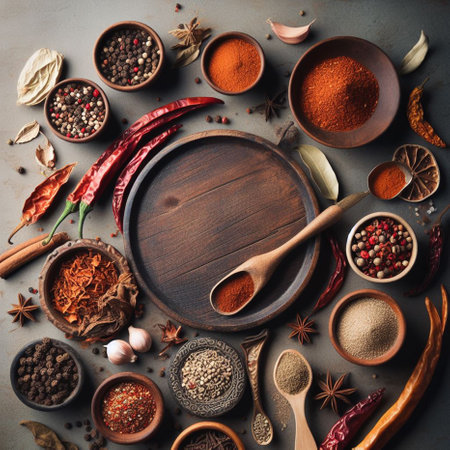Various spices and herbs on dark background. Top view with copy spaceの素材
