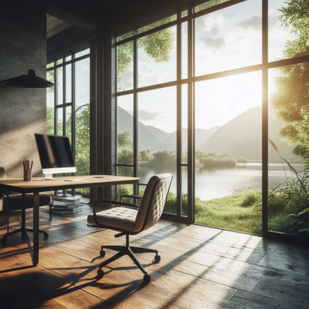 Interior of modern open space office with wooden floor, panoramic window and city view. 3D Renderingの素材