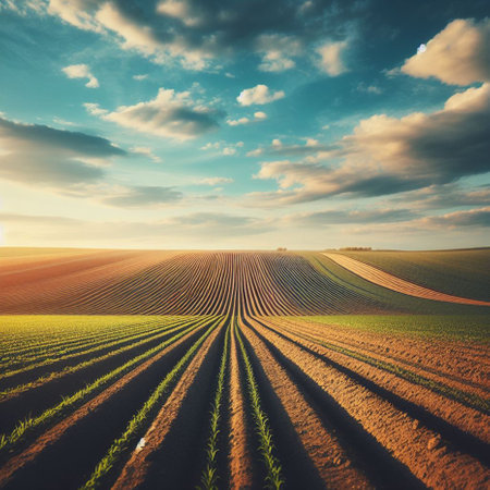 Agricultural field with arable land and blue sky at sunsetの素材