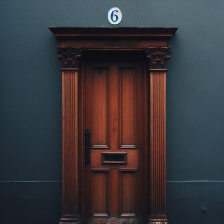 Old wooden door with number 9 on it. Vintage style photo.の素材