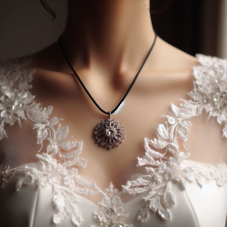 Beautiful necklace on a mannequin in a wedding dress.の素材