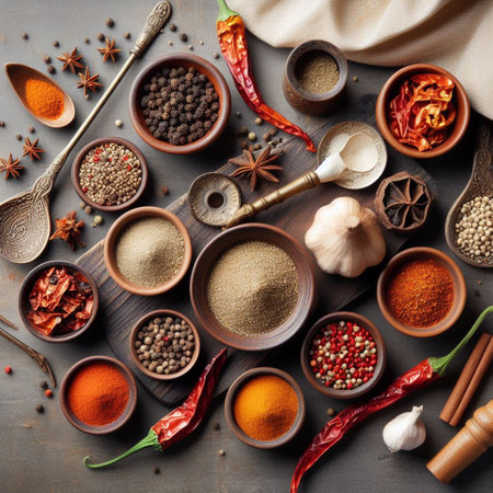 Spices and herbs on wooden background. Food and cuisine ingredients.の素材