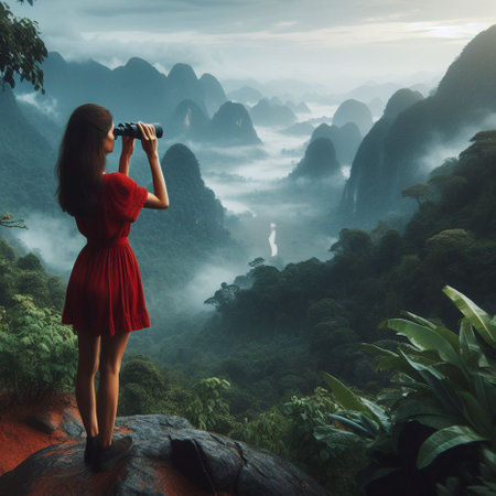 Young woman in red dress taking photo with binoculars in the mountainsの素材