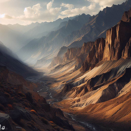 Landscape with mountains and river. 3d rendering. Computer digital drawing.の素材