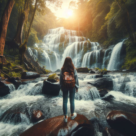 Woman traveler with backpack and looking at beautiful waterfall in the forest.の素材