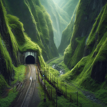 Railway tunnel in the green mossy mountains. 3d renderingの素材