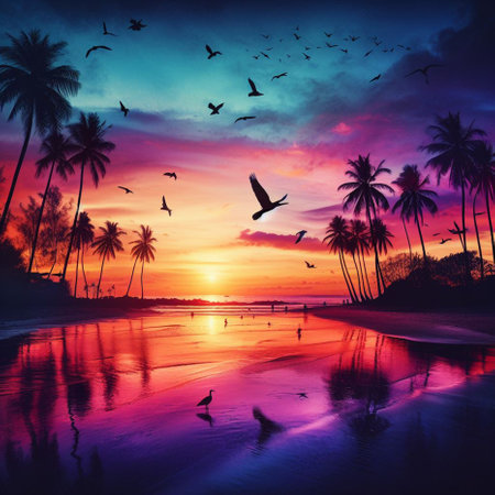Beautiful sunset on the beach with palm trees and birds flying in the skyの素材