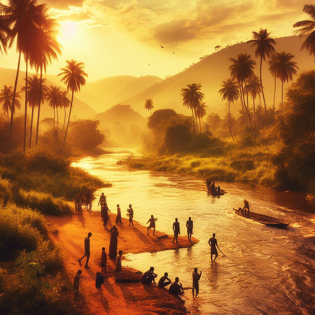 Silhouette of people walking on the river at sunset, Myanmarの素材