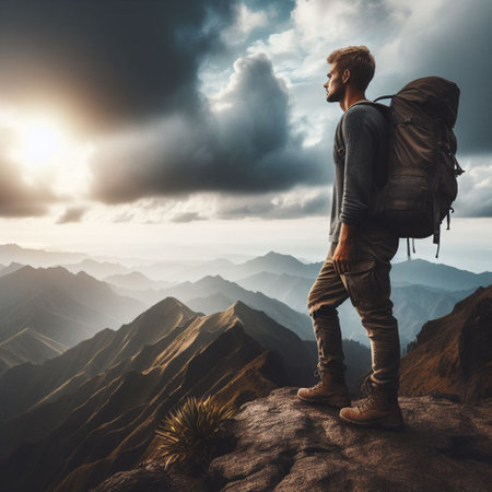 Hiker with backpack standing on the top of a mountain and looking into the distanceの素材