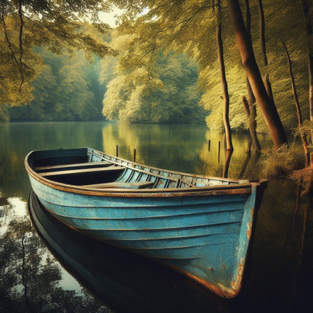 Old blue boat on the lake in the forest. Photo in retro style.の素材