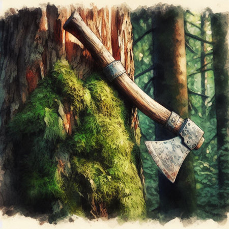 Axe in the forest. Watercolor painting on canvas. Digital illustration.の素材