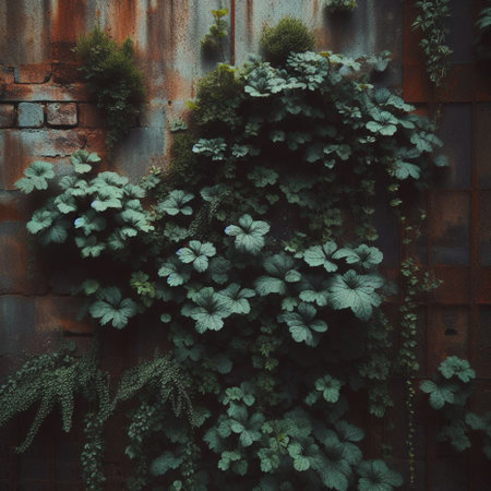 green plant on grunge wall, vintage style. Nature background.の素材