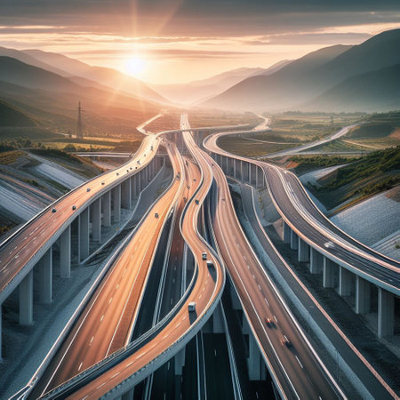 Highway in the mountains at sunset. Concept of travel and transportationの素材