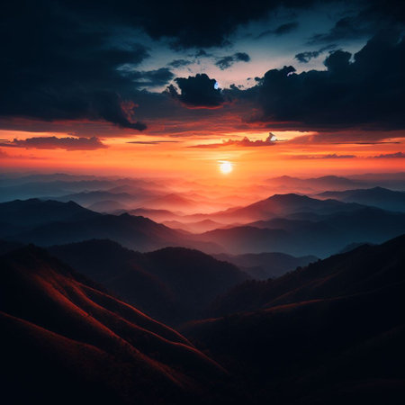 Beautiful sunset in the mountains. Colorful summer landscape with sun and clouds.の素材
