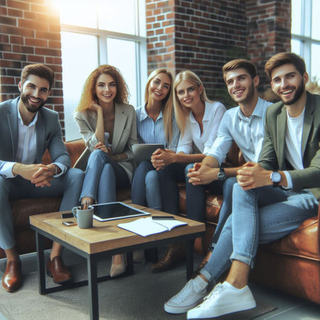 Group of happy young business people sitting on sofa in office and smiling.の素材