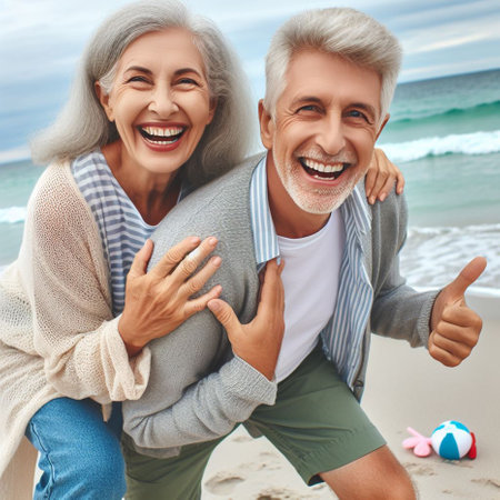 Cheerful elderly couple hugging and smiling at camera while sitting on beachの素材