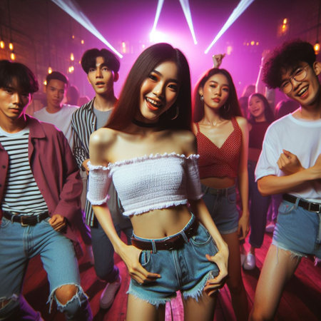Portrait of young asian woman with friends dancing in night clubの素材