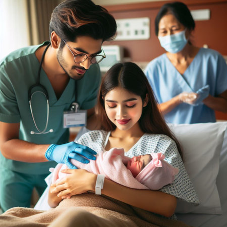 asian young male doctor and nurse taking care of sick patient in hospitalの素材