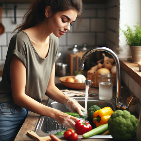 Young woman washing vegetables in kitchen. Healthy eating and vegetarian food conceptの素材