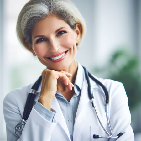 Portrait of smiling female doctor with stethoscope. Medical and healthcare concept.の素材