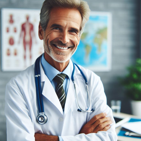 Portrait of smiling senior male doctor with stethoscope in office.の素材