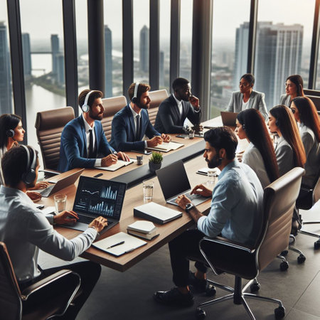 Group of diverse business people working together in modern office. Multiethnic group of business people in smart casual wear communicating while sitting at the table.の素材