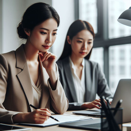 Two businesswomen working together in the office. Business concept. Asianの素材