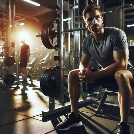 Handsome young man in sportswear doing exercises with dumbbells in gymの素材