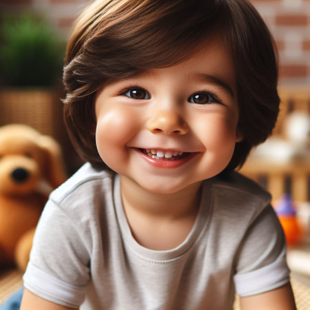 smiling little boy with teddy bear at home, closeupの素材