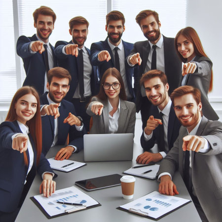 business and office concept - smiling business team pointing finger at you in officeの素材