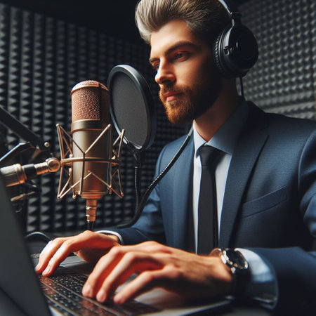 Handsome businessman with headphones and microphone working in recording studio.の素材