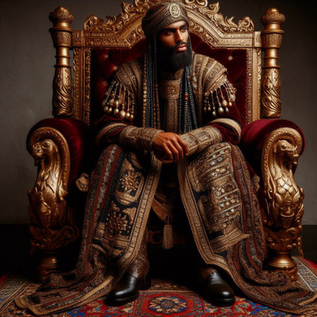 Portrait of a handsome bearded man in medieval costume sitting in armchair.の素材