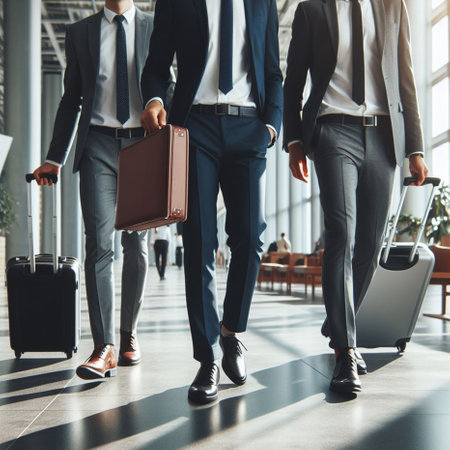 Cropped image of business people walking with luggage in airport terminal.の素材