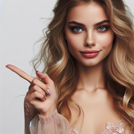 Beautiful young woman with long curly blond hair and blue eyes.の素材