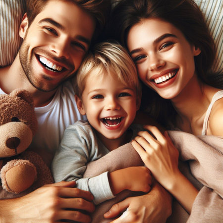 Happy family. Mother, father and their son lying on the bed.の素材