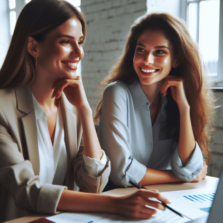 business, education and office concept - two smiling businesswomen working in officeの素材