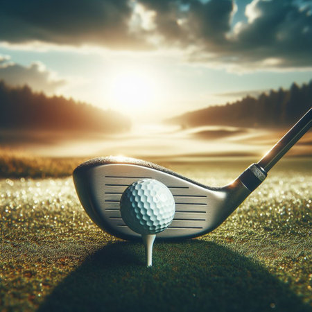 Golf club and golf ball on green grass with beautiful sunset backgroundの素材