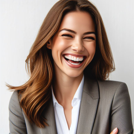 Portrait of happy smiling young business woman, over white background.の素材