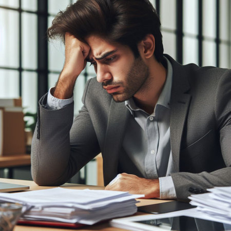 Stressed businessman sitting at desk in office and looking at documents. Business concept.の素材