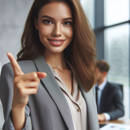Portrait of smiling businesswoman pointing finger at camera in office.の素材