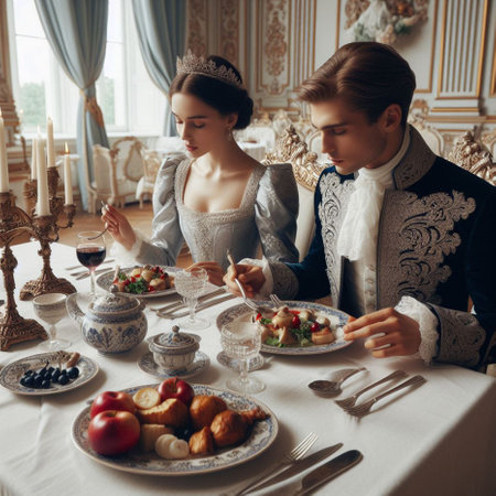Beautiful young couple in wedding dresses sitting at the table with dishesの素材