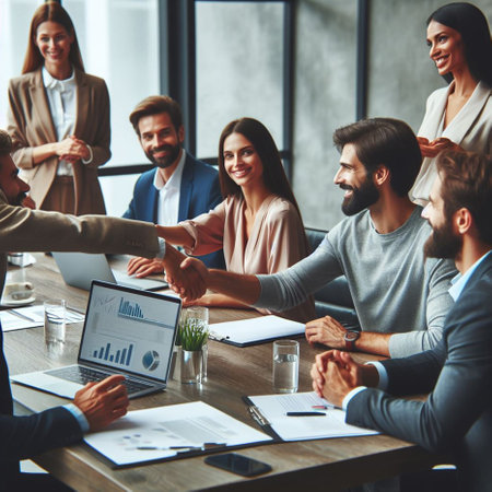 Business people shaking hands, finishing up a meeting. Business concept.の素材