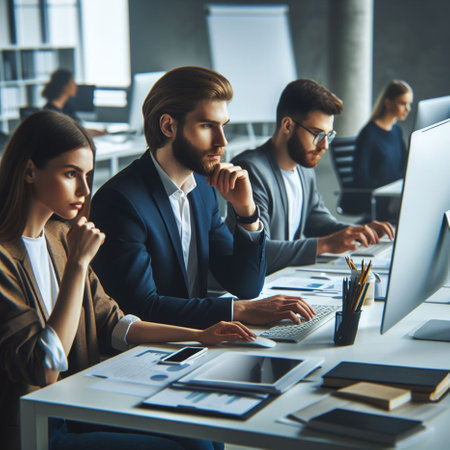Young business people working on computer in modern office. Teamwork concept.の素材