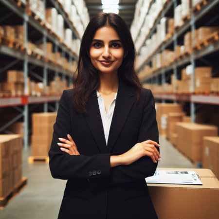 Portrait of a young businesswoman standing with arms crossed in warehouseの素材